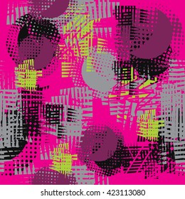 Abstract seamless geometric pattern for girls. Wallpaper with dots, drops, shapes, circle, triangle. Creative design. Colorful grunge urban pink background with grey, black and green elements.