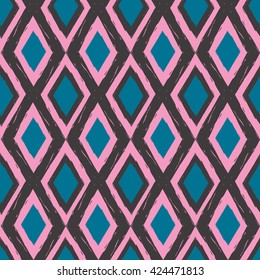 Abstract seamless geometric pattern for girls. Rhombus background in pink, navy blue and dark grey colors. Ethnic motif backdrop for fashion and sport clothes.