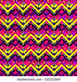 Abstract seamless geometric pattern for girls, fashion, textile, wallpaper. Repeated backdrop in bright girlish colors. Creative original design with squares, zigzag lines. Modern style. 