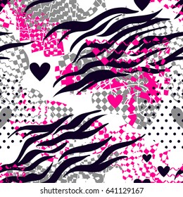 Abstract seamless geometric pattern for girls,  textile,  fashion clothes,  wrapping paper. Black and white,pink background with rhombus, hearts, dots, tiger stripes. Cute girlish repeated backdrop