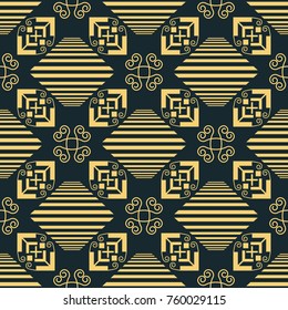 Abstract seamless geometric pattern. Graceful oriental ornament with openwork elements in golden color