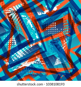 Abstract seamless geometric pattern. grunge urban repeated backdrop for boy, textile, wrapping paper. Colourful grungy textured wallpaper with curved lines, Shabby texture, spray paint ink, dots