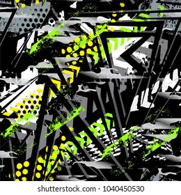 Abstract seamless geometric pattern. Grunge urban repeated backdrop for textile, wrapping paper. Lines elements, triangles, arrows in bright blue, green, black colors.