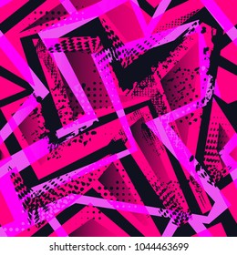 Abstract seamless geometric pattern. grunge urban repeated backdrop for girl, textile, sport clothes, wrapping paper. Curved lines, Shabby texture,spray paint ink dirty elements, dots. 