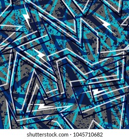 Abstract seamless geometric pattern. Grunge urban repeated backdrop with curved across lines, shabby shape elements, cracked texture. monochrome blue grey background. Halftone iterative tile. 