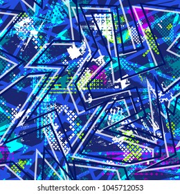 Abstract seamless geometric pattern. Grunge urban repeated backdrop with curved across lines, shabby shape elements, cracked texture. colorful chaotic background. Halftone iterative tile. 