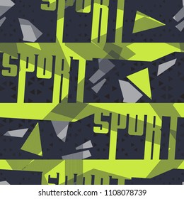 Abstract seamless geometric pattern. Grunge sport repeated backdrop for boys, textile, prints, sport wear, wrapping paper. Lines elements, triangles, arrows in dark blue, green, black colors.