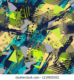 Abstract seamless geometric pattern. Grunge urban repeated backdrop for textile, sport wear, prints, wrapping paper. Lines elements, triangles, arrows in bright yellow, green, black colors.