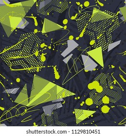 Abstract seamless geometric pattern. Grunge urban repeated backdrop for boys, textile, wrapping paper. Lines elements, triangles, arrows in bright blue, green, black colors.
