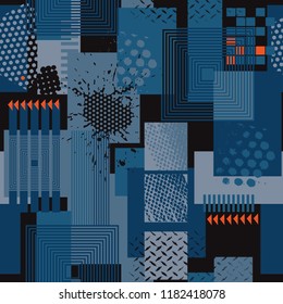 Abstract seamless geometric pattern. Grunge urban repeated backdrop for textile, wrapping paper. Lines elements, triangles, arrows in bright blue, orange, black colors.