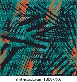 Abstract seamless geometric pattern. Grunge urban repeated backdrop for textile, wrapping paper. Lines elements, triangles, arrows in bright blue, green, black colors.
