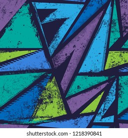 Abstract seamless geometric pattern. Grunge urban repeated backdrop for boys, textile, wrapping paper. Lines elements, triangles, arrows in bright blue, green, black colors.