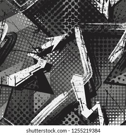 Abstract seamless geometric pattern. grunge urban repeated backdrop for boy, textile, wrapping paper. Curved lines, Shabby texture, spray paint ink, arrow.