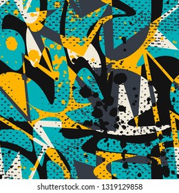 Abstract seamless geometric pattern. Grunge urban repeated backdrop for boy, textile, wrapping paper. Wavy shapes spray paint.
