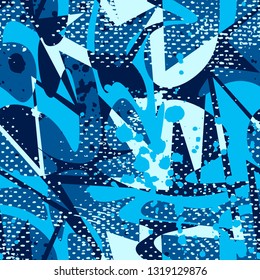 Abstract seamless geometric pattern. Grunge urban repeated backdrop for boy, textile, wrapping paper. Wavy shapes spray paint.