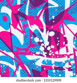 Patrón geométrico abstracto. Grunge fondo urbano repetido para niño, textil, papel envuelto. Las formas onduladas pintan con spray.