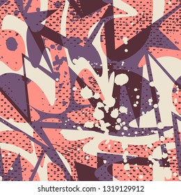 Abstract seamless geometric pattern. Grunge urban repeated backdrop for boy, textile, wrapping paper. Wavy shapes spray paint.
