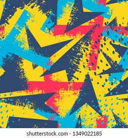 Abstract seamless geometric pattern. Grunge urban repeated backdrop for textile, wrapping paper. Lines elements, triangles, arrows, dots.
