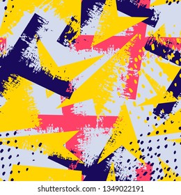 Abstract seamless geometric pattern. Grunge urban repeated backdrop for textile, wrapping paper. Lines elements, triangles, arrows, dots.
