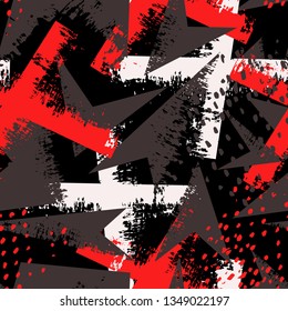 Abstract seamless geometric pattern. Grunge urban repeated backdrop for textile, wrapping paper. Lines elements, triangles, arrows, dots.