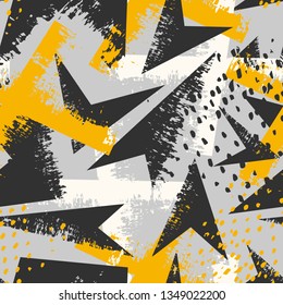 Abstract seamless geometric pattern. Grunge urban repeated backdrop for textile, wrapping paper. Lines elements, triangles, arrows, dots.