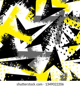 Abstract seamless geometric pattern. Grunge urban repeated backdrop for textile, wrapping paper. Lines elements, triangles, arrows, dots.