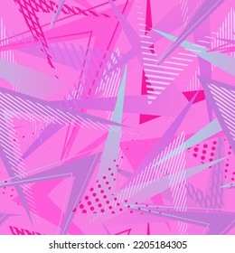 Abstract seamless geometric pattern. Grunge urban repeating background for girls, textiles, wrapping paper. Lines of elements, triangles, arrows in bright pink, purple colors.