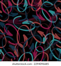 Abstract seamless geometric pattern. Grunge urban repeated backdrop for boys, textile, wrapping paper. Lines elements, triangles, arrows in bright blue, green, black colors.