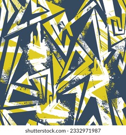 Abstract seamless geometric pattern. Grunge textured wallpaper with irregular line, arrows, triangles. Geometrical endless ornament for sport textile, fashion clothes, wrapping paper. Blue and yellow