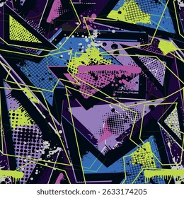 Abstract seamless geometric pattern. Grunge urban repeated backdrop for textile, wrapping paper. Lines elements, triangles, arrows in bright blue, green, black colors. - Powered by Shutterstock - Get 15% off with code: PIKWIZARD15