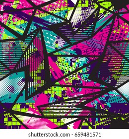 Abstract seamless geometric pattern. Grunge urban repeated backdrop for textile, wrapping paper. Lines elements, triangles, arrows in bright blue, pink, yellow, green, black colors.