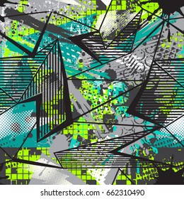Abstract seamless geometric pattern. Grunge urban repeated backdrop for textile, wrapping paper. Lines elements, triangles, in bright blue, green, black colors. 