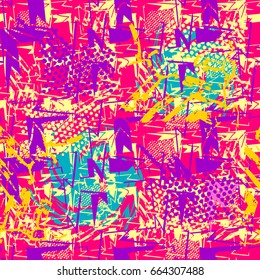 Abstract seamless geometric pattern. grunge repeated backdrop in bright colors with textured shabby elements,  crackerd lines, dots.  chaotic  decorative shabby wallpaper 