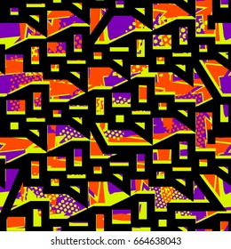 Abstract seamless geometric pattern. grunge urban repeated backdrop in bright colors with textured shabby elements, crackerd lines, dots. Chaotic decorative shabby wallpaper in bright and black colors