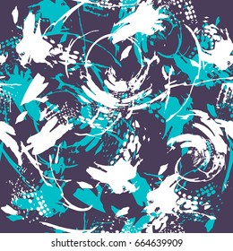 Abstract seamless geometric pattern. Grunge urban repeated backdrop with textured shabby elements, crackerd wave lines, dots, spray paint ink. Chaotic decorative shabby monochrome wallpaper 