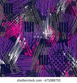 Abstract seamless geometric pattern. Grunge urban repeated backdrop for textile, wrapping paper. Lines elements, triangles, arrows in bright blue, pink, yellow, green, black colors.