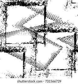 Abstract seamless geometric pattern with grunge elements. Grunge urban modern background for guys, creative chaotic wallpaper in white and black colors. Repeated backdrop for fashion, sport clothes
