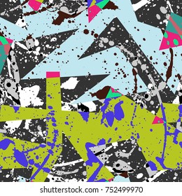 Abstract seamless geometric pattern. Grunge urban repeated backdrop for boys, textile, wrapping paper. Lines elements, triangles, arrows in bright blue, green, black colors.