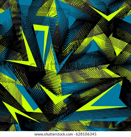 Abstract seamless geometric pattern. Grunge urban repeated backdrop for boys, textile, wrapping paper. Lines elements, triangles, arrows in bright blue, green, black colors. 