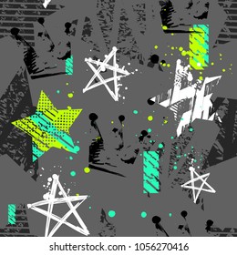 Abstract seamless geometric pattern with grungy textured stars, crown cracked silhouette, rectangle, spray paint ink. military background. Grunge urban repeated backdrop for boy, wrapping paper