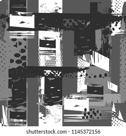 Abstract seamless geometric pattern. Grungy repeated backdrop for textile, clothes, wrapping paper. textured geometrical repeating ornament with dots, squares, brush track. Grey monochrome wall 