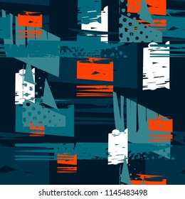 Abstract seamless geometric pattern. Grungy repeated backdrop for textile, clothes, wrapping paper. textured geometrical repeating ornament with dots, squares, brush track lines silhouette. 
