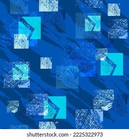 Abstraktes, nahtloses geometrisches Muster. Grauer strukturierter, karierter Hintergrund. Blauer monochromer Cover für Sporttextilien, Modebekleidung, Wickelpapier. Wiederholungsschmuck von Bruchplätzen
