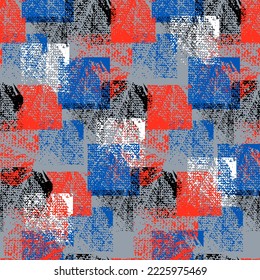 Abstract seamless geometric pattern. Grungy textured background with chequered shape. Geometrical cover print for sport textile, fashion clothes, wrapping paper. Grunge Squares repeat ornament