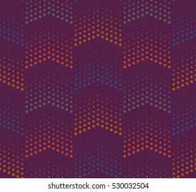 Abstract seamless geometric pattern with halftone dots. Contemporary background in purple, blue, orange. Creative repeated backdrop. Digital print for wrapping paper, fabric, apparel, web design.