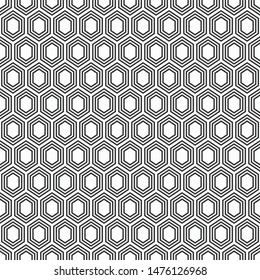 Abstract seamless geometric pattern of hexagons. Fashion geometrical pattern. For fashion textile, cloth, backgrounds. Vector monochrome background.