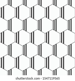 Abstract seamless geometric pattern of hexagons with vertical stripes inside. Fashion geometrical pattern. For fashion textile, cloth, backgrounds. Vector monochrome background.