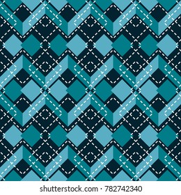 Abstract seamless geometric pattern of horizontal zigzag, diamond shaped figures with dotted lines. Elegant textile blue and white print