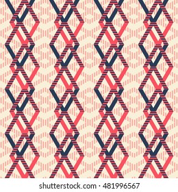 Abstract seamless geometric pattern of intertwined rhomboid shapes. Striped figures in pleasant retro color palette. Vector illustration for modern design