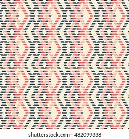 Abstract seamless geometric pattern of intertwined rhomboid shapes. Striped figures in pleasant retro color palette. Vector illustration for modern design